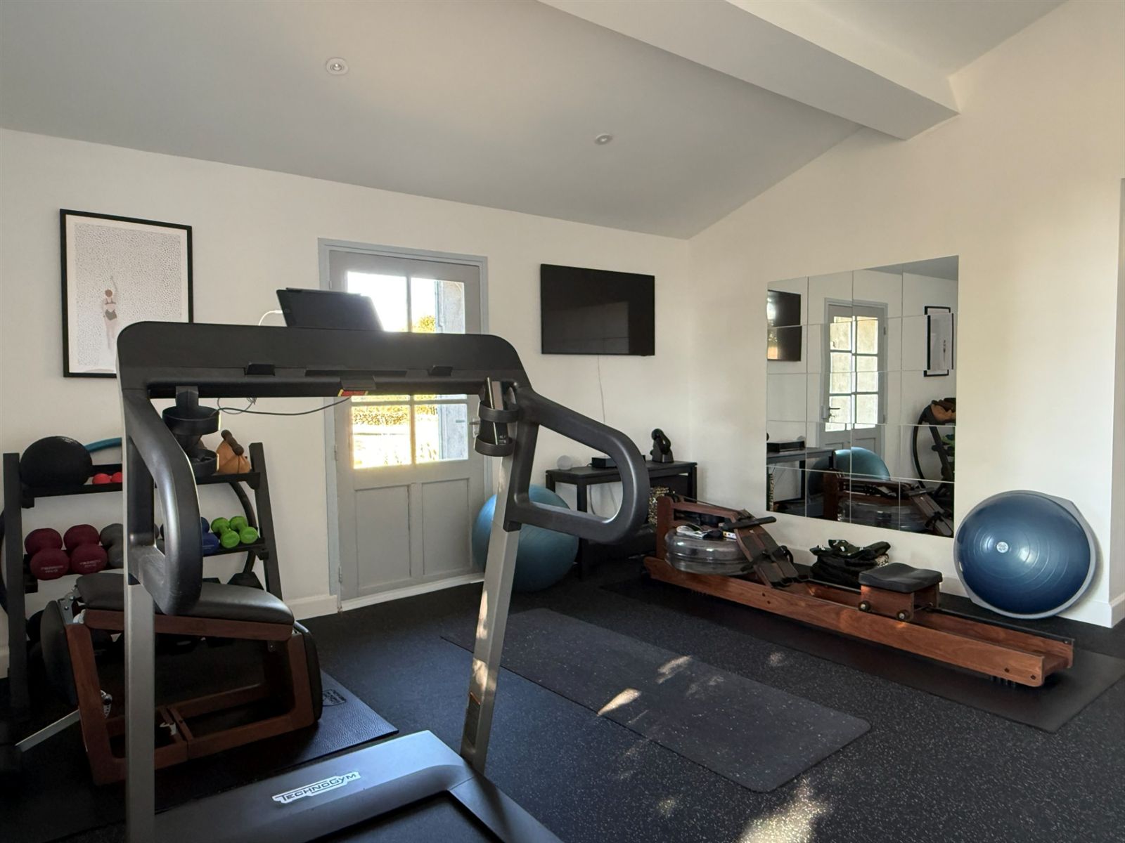 Gym with exercise equipment and mirrored wall