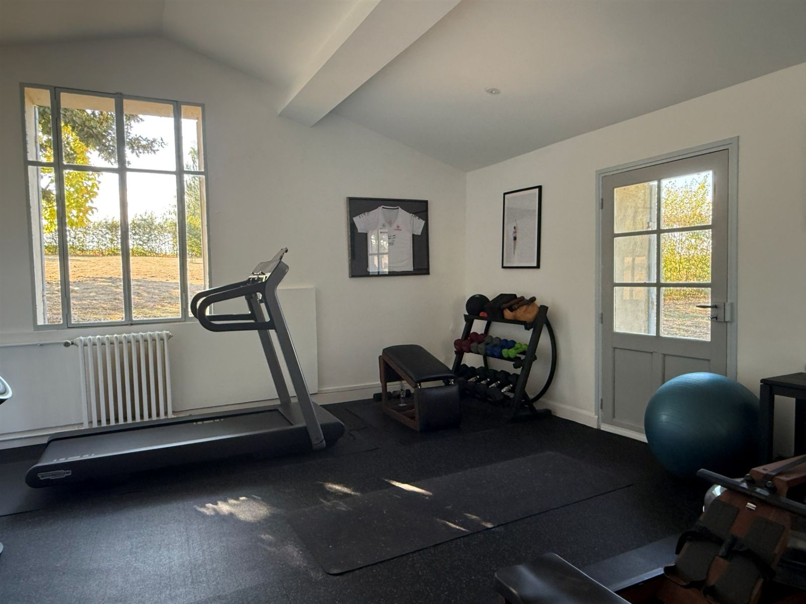 Gym with treadmill, weights and exercise bench